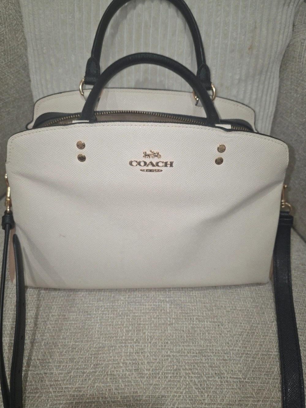 Coach Cream Satchel with Black Handles and Strap